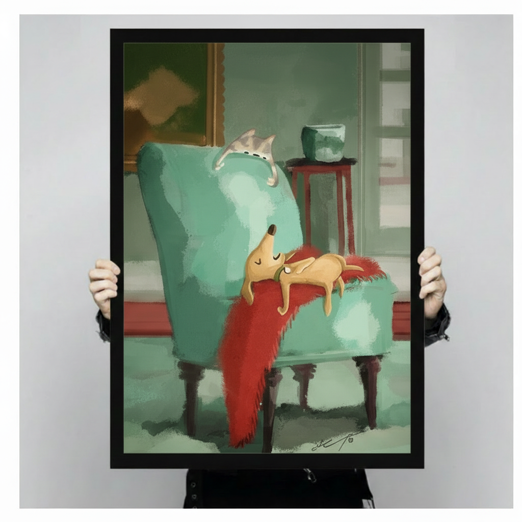 Person holding sleeping dog on green armchair framed art print, front-facing product display