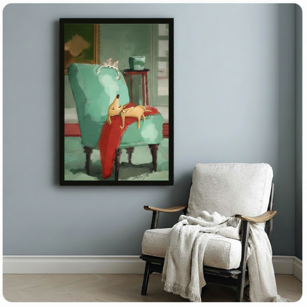 Whimsical dog on armchair framed poster art on blue-grey wall beside a white accent chair