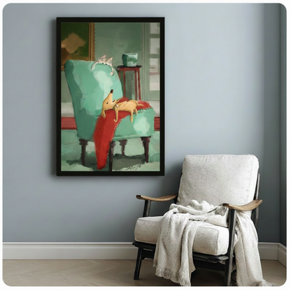 Whimsical dog on armchair framed poster art on blue-grey wall beside a white accent chair