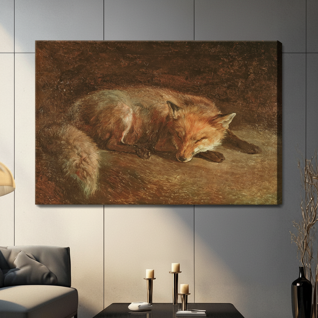 Gallery wrap stretched canvas of a curled up sleeping orange red fox with golden highlighted fur on a dark brown oil painting background hung frameless on a dark gray tiled wall above candlestick holders