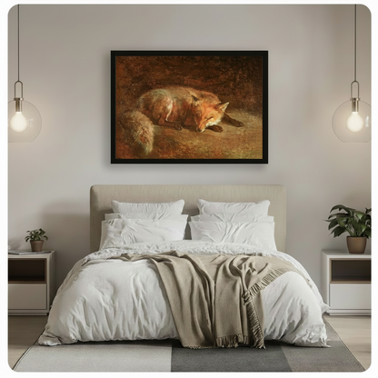 Black framed vintage sleeping fox oil painting canvas wall art with rich amber and brown tones hung above a beige upholstered bed with white linen bedding in a serene minimalist bedroom with glass globe pendant lights