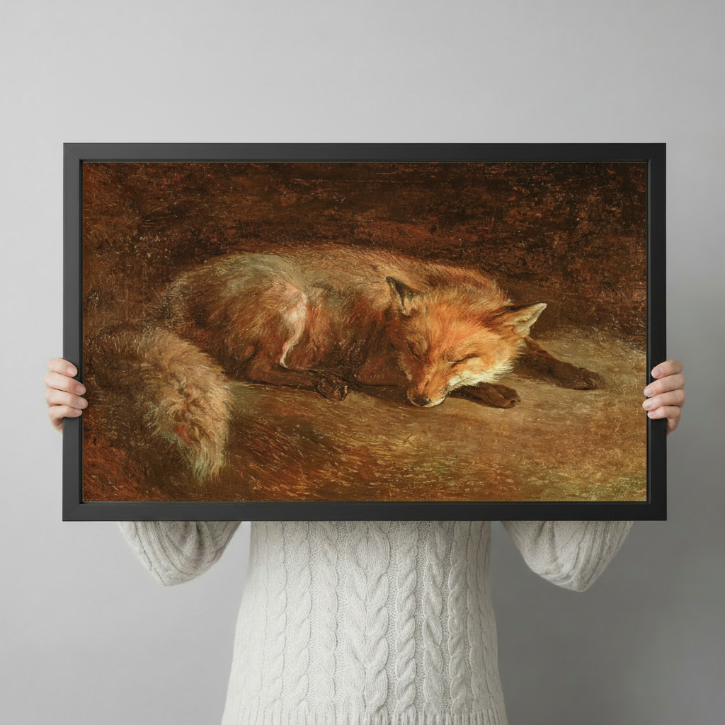 Person in white knit sweater holding a large black framed sleeping red fox classical oil painting canvas art print with warm brown background against a neutral gray backdrop, horizontal size display
