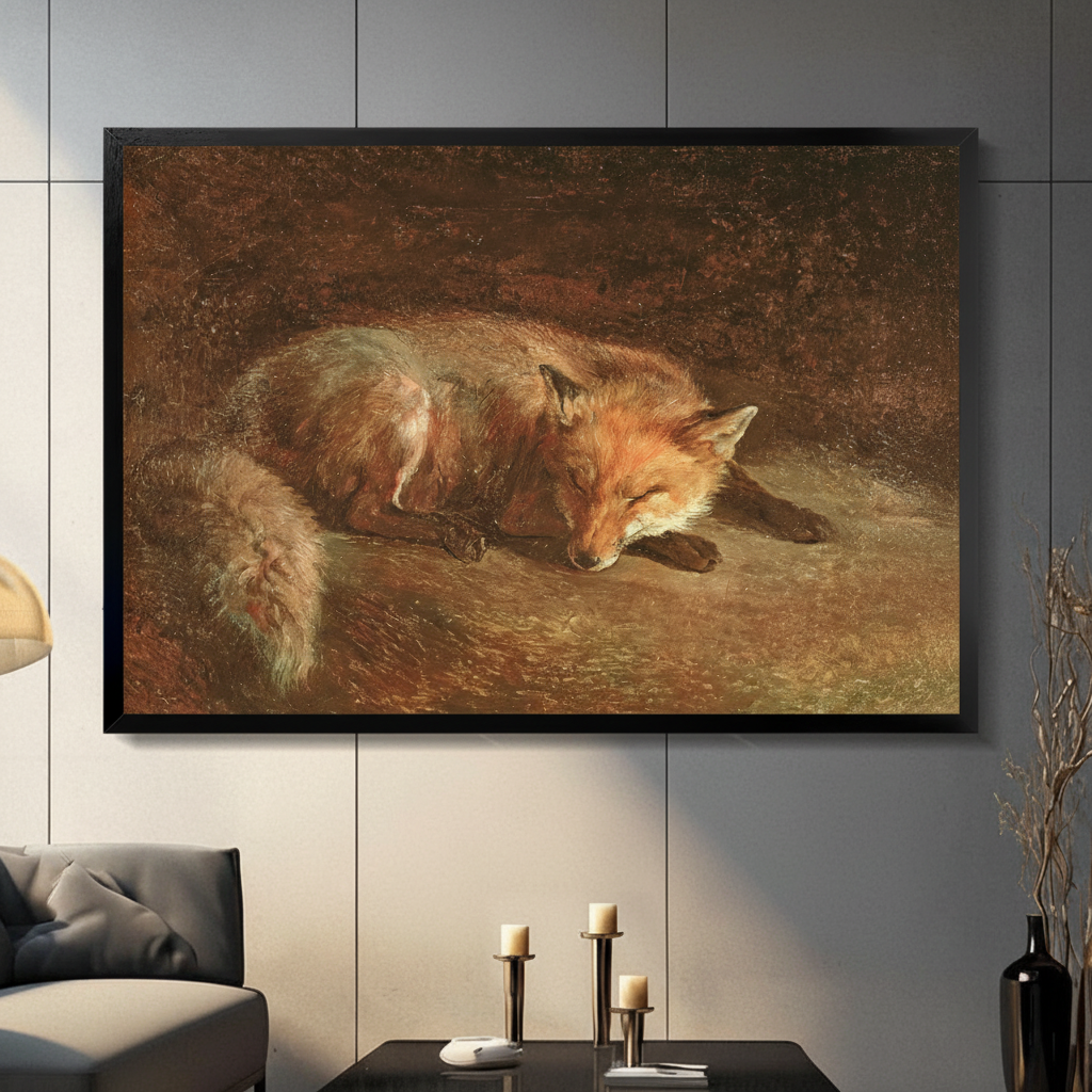 Black framed sleeping red fox classical oil painting canvas wall art with deep brown textured background displayed in a modern dark gray living room with gray sofa and candlestick holders