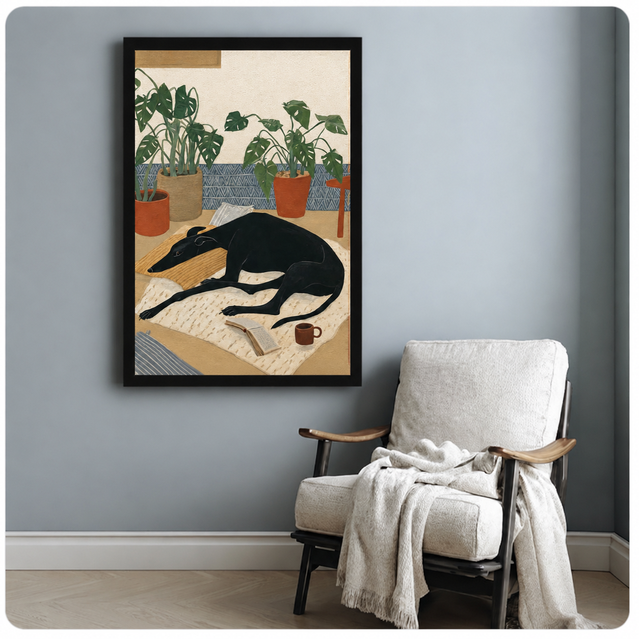 Sleeping black greyhound framed poster print beside accent chair, cozy dog and plant illustration wall art in minimalist room