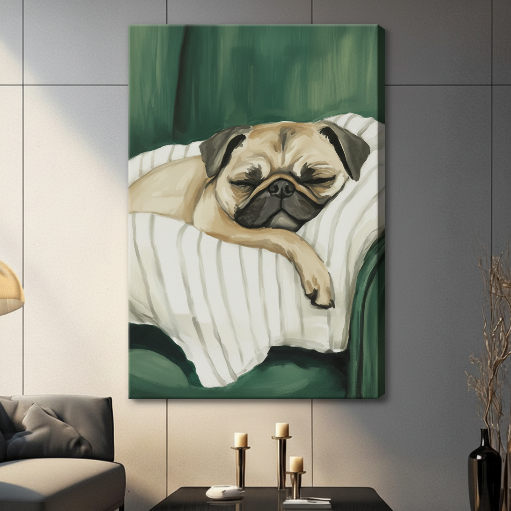 Gallery wrap canvas of lazy pug dog lying on striped pillow, painterly animal wall art for living room or dog lover home decor