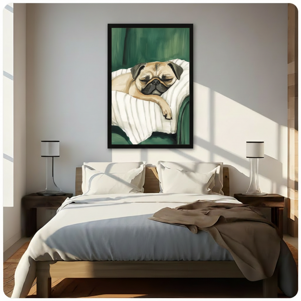 Framed pug dog sleeping on pillow wall art above bed in bright minimalist bedroom, funny pet portrait print perfect as dog lover gift
