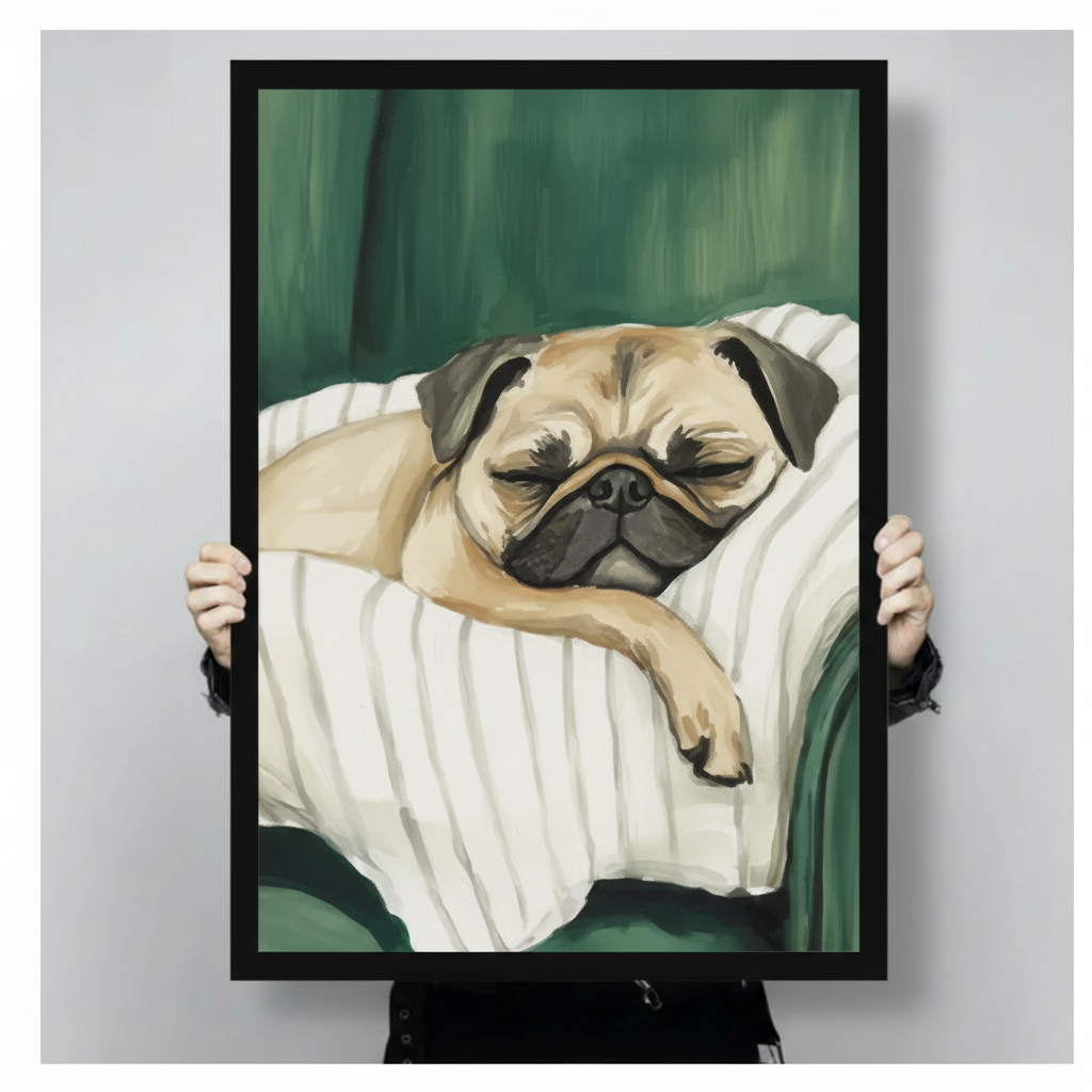Close-up of black framed sleeping pug wall art print held by hands, showing detailed oil painting style illustration of pug on green velvet sofa