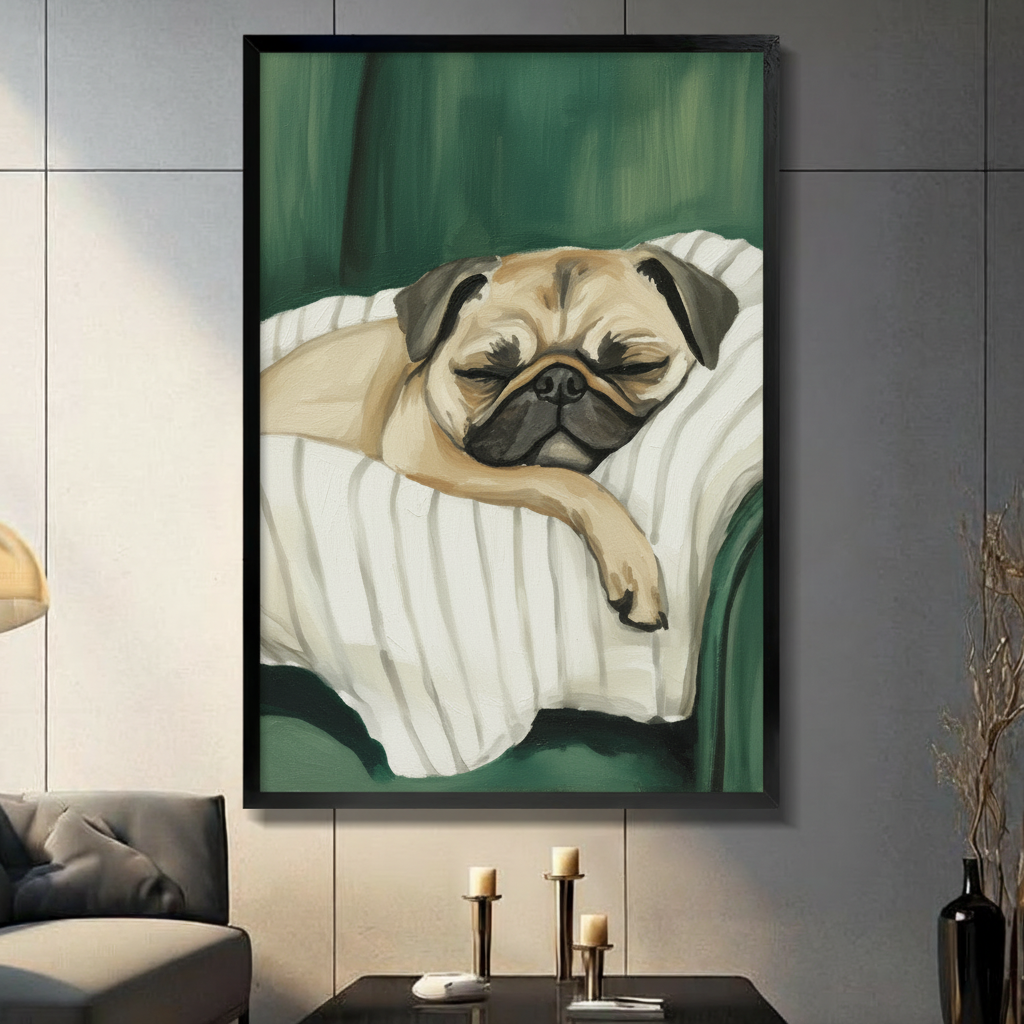 Framed sleeping pug wall art print displayed in modern living room, oil painting style pug dog resting on white pillow with green background