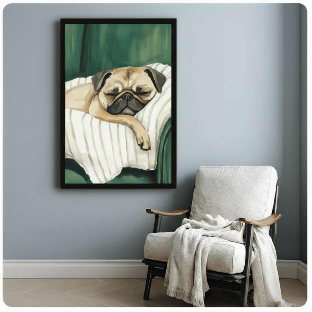 Black framed pug dog napping on pillow art print on blue-gray wall beside linen armchair, cozy pet portrait wall decor