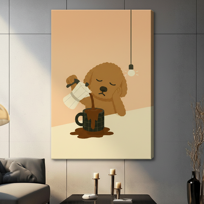 Gallery wrap stretched canvas art of a drowsy golden doodle pouring coffee, displayed frameless in a contemporary dark living room with candlestick holders and tall black vase