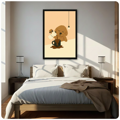 Black framed canvas wall art of a tired golden doodle pouring coffee hung above a wooden bed with white linen bedding in a warm neutral bedroom