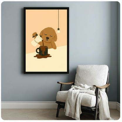 Black framed sleepy puppy coffee canvas art print hung on a light blue-gray wall above a white linen wood folding chair with a draped throw blanket