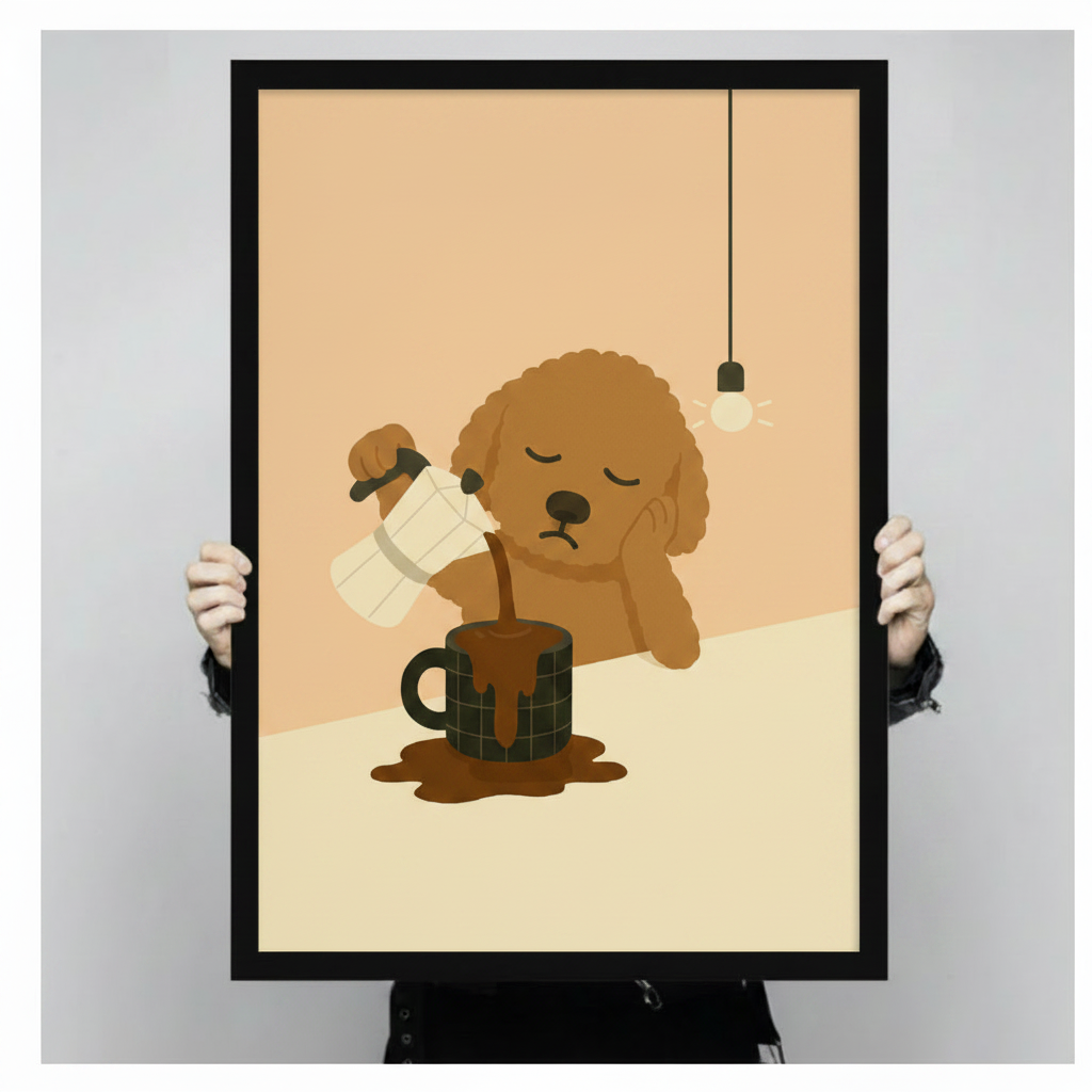 Hands holding a large black framed sleepy dog coffee canvas art print against a neutral light gray background, front-facing product display