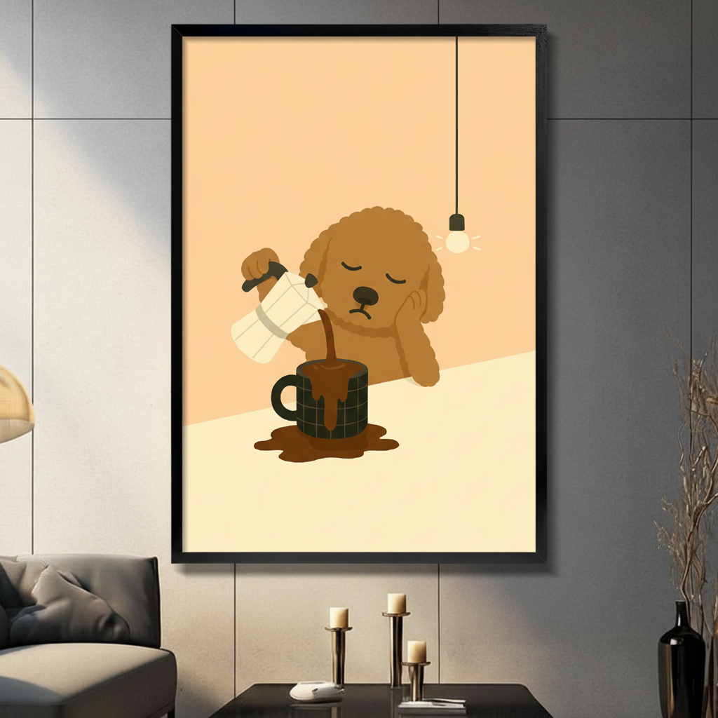 Black framed canvas wall art featuring a sleepy golden doodle pouring coffee into an overflowing mug, displayed in a moody dark-toned living room with candlesticks and black vase