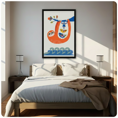 Cheerful sloth hanging on branch framed wall art print displayed above bed in bright modern bedroom