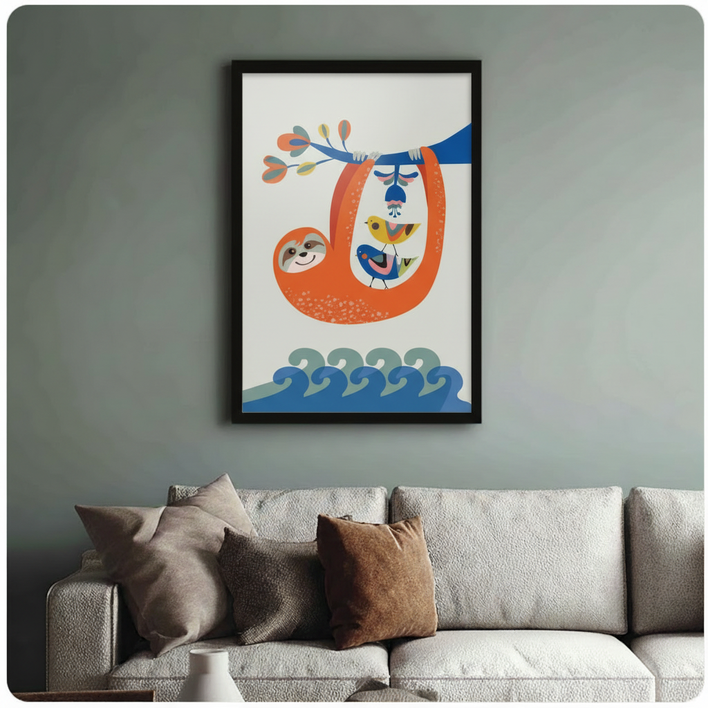 Framed sloth and colorful birds art poster above sofa on sage green wall in cozy living space