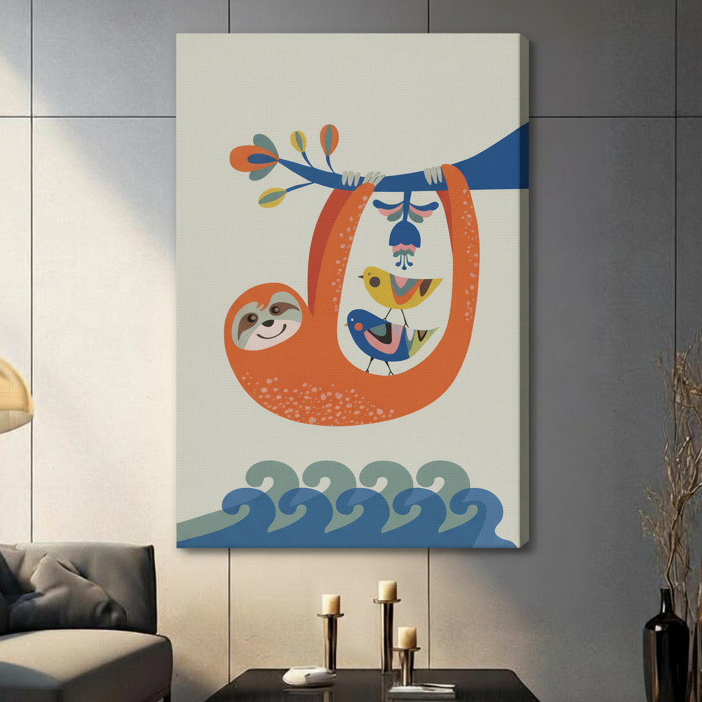 Vibrant sloth hanging on branch canvas print on light beige wall in contemporary home interior
