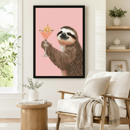 Black framed sloth cocktail wall art print styled in a cozy reading nook with a linen armchair and round side table