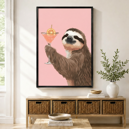 Framed sloth holding a cocktail martini glass wall art print displayed above a rattan console table in a bright entryway