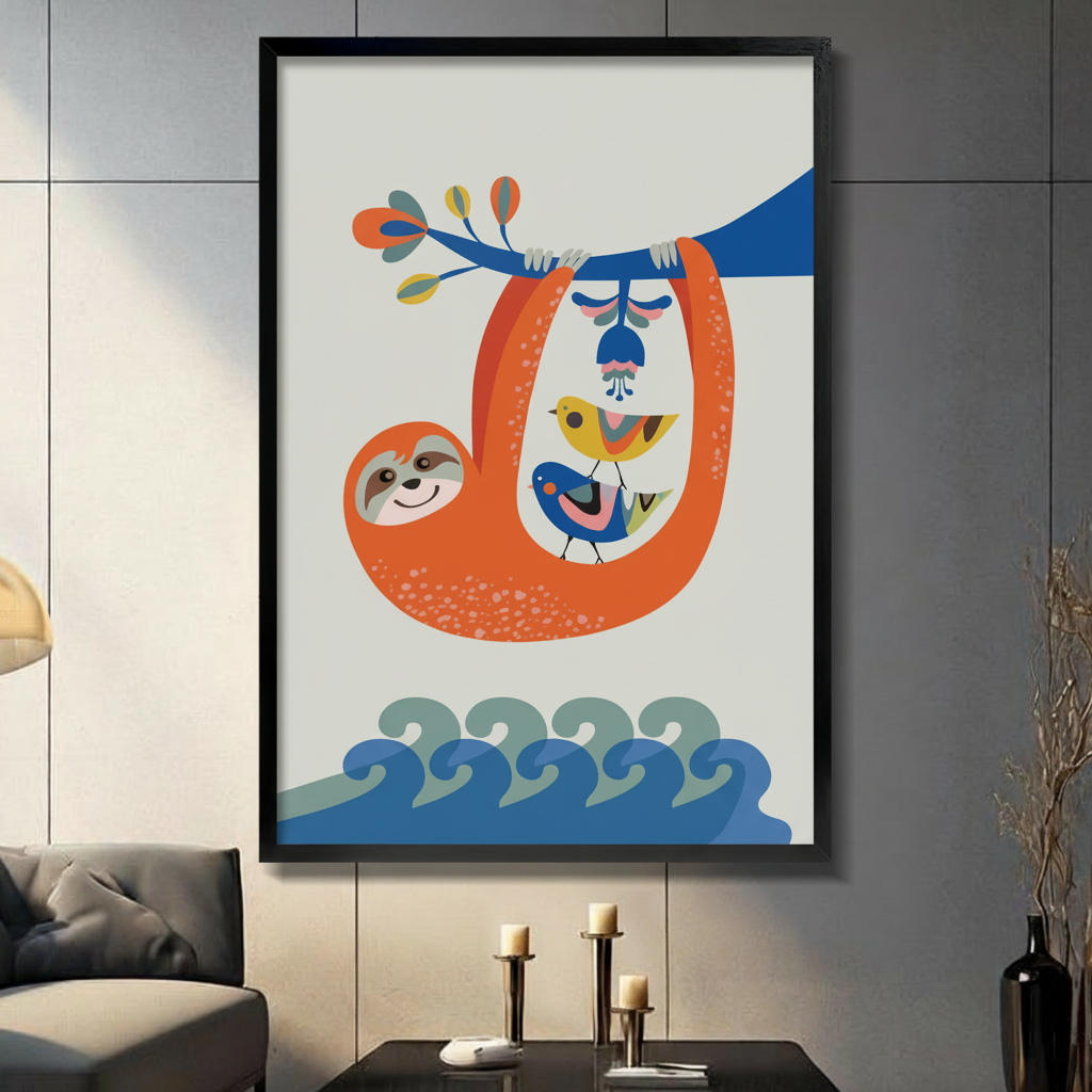 Colorful sloth and birds framed wall art print displayed in modern living room with dark gray wall
