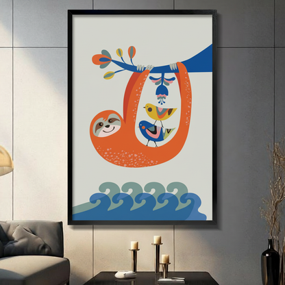 Colorful sloth and birds framed wall art print displayed in modern living room with dark gray wall