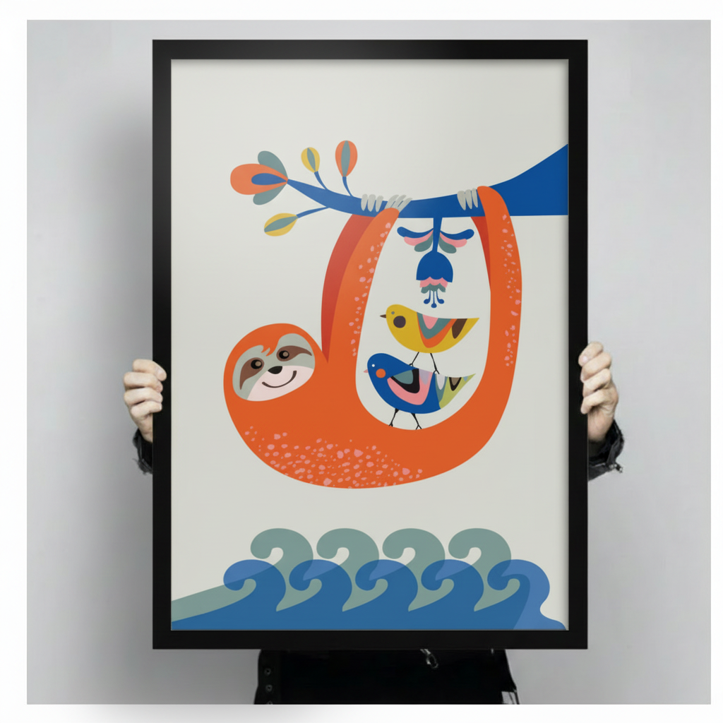 Person holding large framed sloth and birds colorful wall art print showing print size and detail
