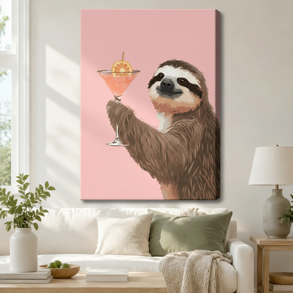 Gallery wrap canvas print of a smiling sloth raising a pink cocktail glass hung above a white sofa in a modern living room