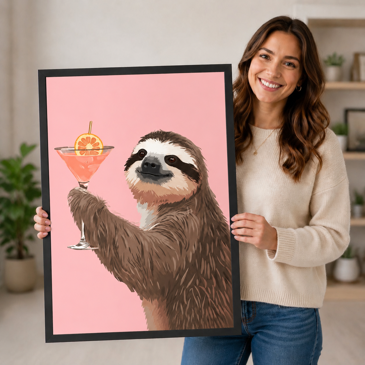 Woman holding a large black framed sloth martini wall art print to show scale and print quality in a home interior setting