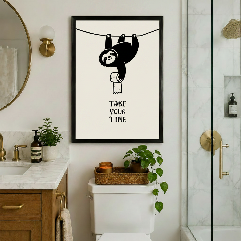 Humorous sloth with toilet paper and Take Your Time quote, black framed funny bathroom art print above toilet in elegant marble and gold bathroom