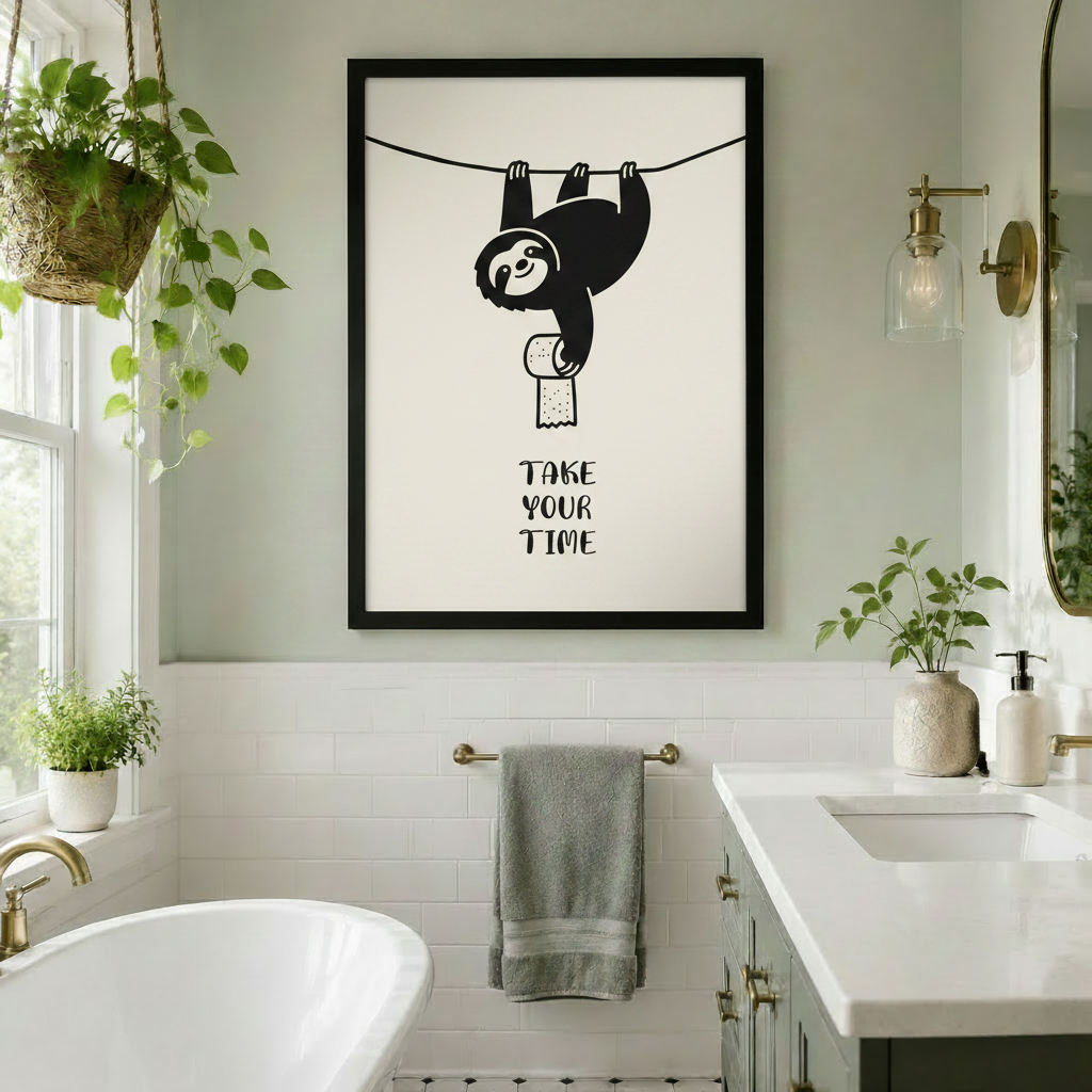 Smiling sloth dangling from rope holding toilet paper with Take Your Time motivational quote, black framed funny wall art print in bright bathroom with freestanding bathtub