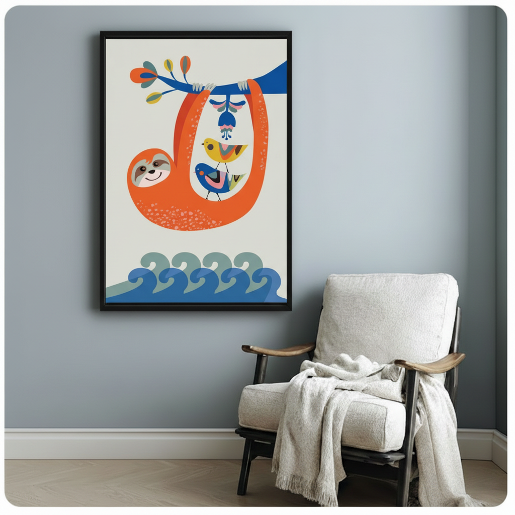 Bold sloth with birds framed art print on blue-gray wall beside white armchair in minimalist room