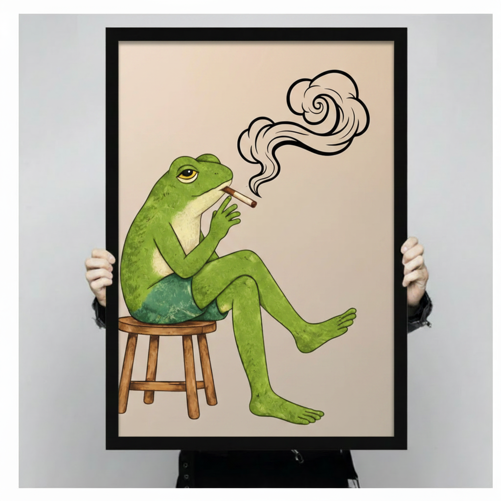 Close-up of funny smoking frog art print held in hands showing black frame detail, quirky green frog on stool wall art for home or office
