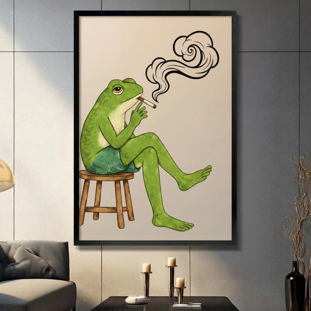 Funny smoking frog canvas wall art displayed in a modern living room, whimsical green frog sitting on stool, unframed gallery wrap print