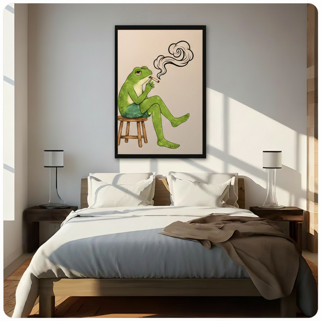 Funny green frog smoking framed poster displayed above bed in minimalist bedroom, whimsical animal wall art print with black frame for bedroom decor