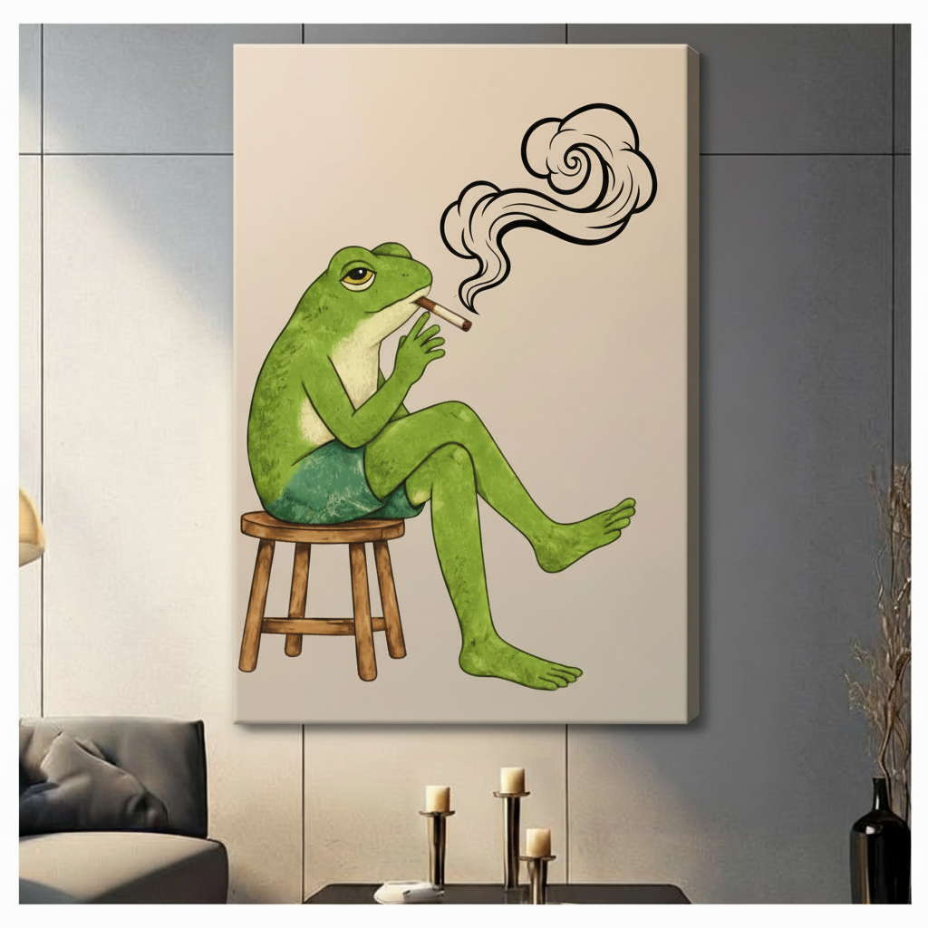 Humorous green frog smoking art print in black frame, quirky animal wall decor for living room, framed poster with cream background