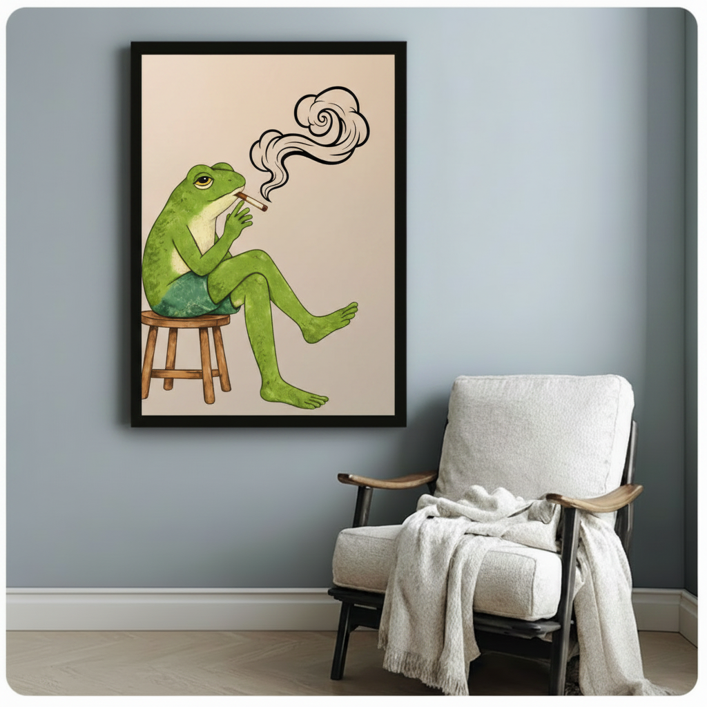 Whimsical smoking frog framed art print hanging above armchair in cozy reading nook, funny animal poster with black frame and warm beige background