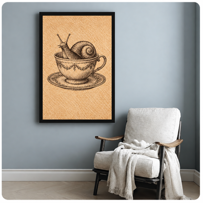 Snail teacup canvas wall art beside a white armchair, depicting a spiral-shelled snail in an ornate cup and saucer