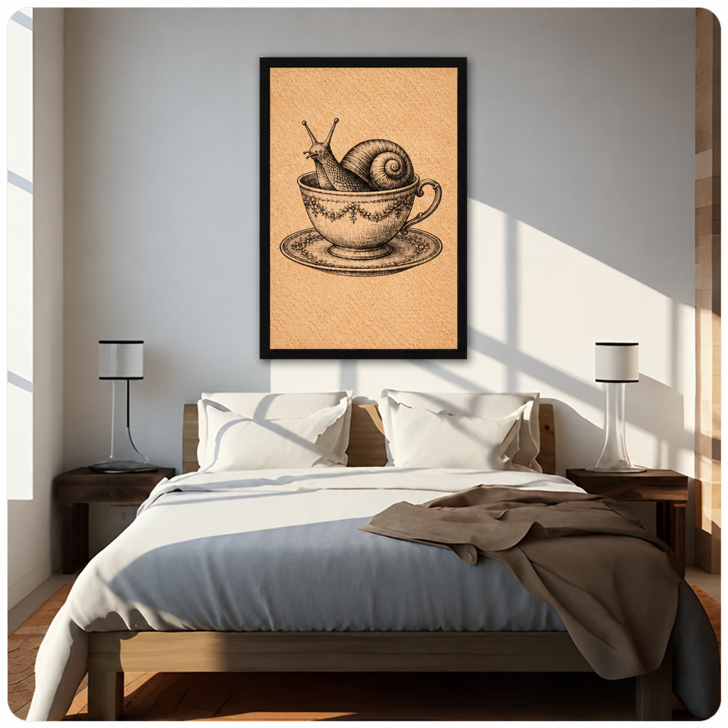 Snail teacup canvas wall art above a bed, showing a whimsical snail resting in a decorative teacup on a warm neutral background