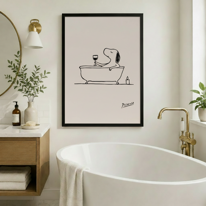 Framed Snoopy in bathtub wall art beside freestanding soaking tub - elegant minimalist dog line drawing print for spa-style bathroom