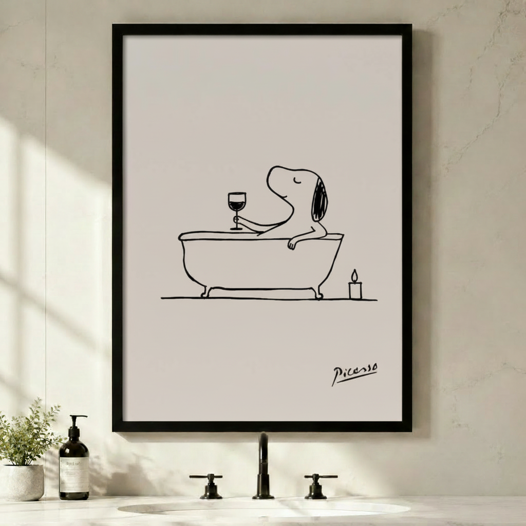 Minimalist Snoopy in bathtub holding wine glass framed wall art - line drawing bathroom decor with candle - black frame on sage green wall