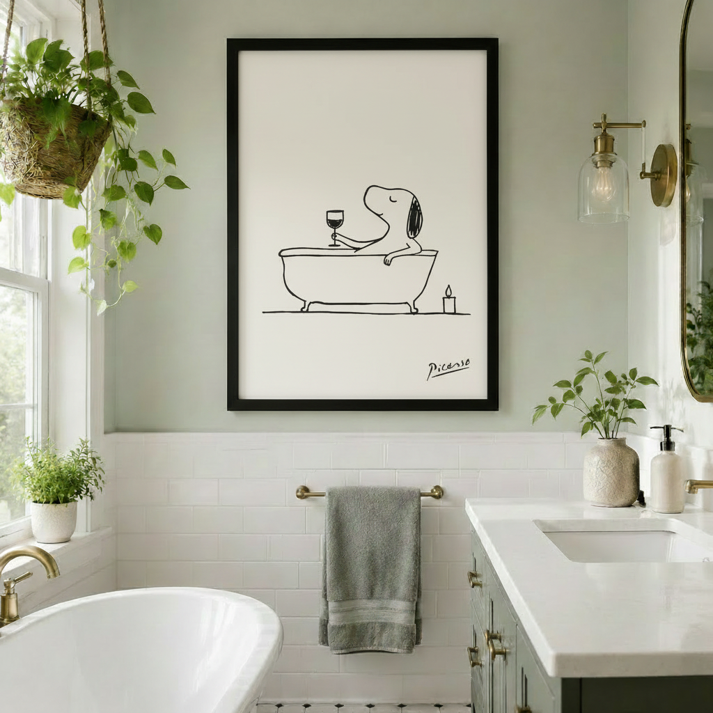 Minimalist Snoopy in bathtub holding wine glass framed wall art in bright bathroom with hanging plants and brass sconce - funny dog line drawing bathroom decor