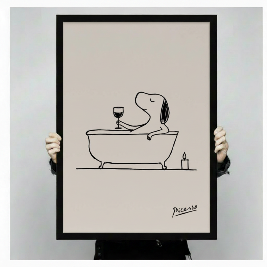 Hands holding large framed Snoopy bathtub line art canvas - full artwork detail view of minimalist dog wall print with Picasso signature