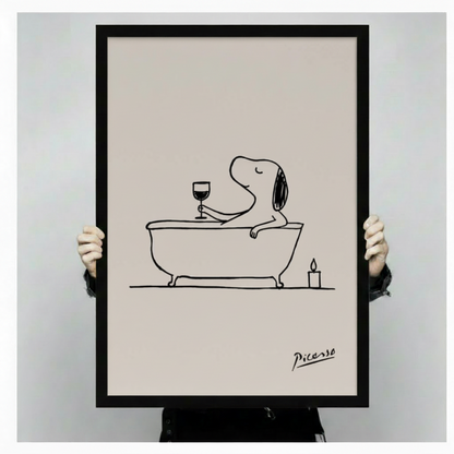 Hands holding large framed Snoopy bathtub line art canvas - full artwork detail view of minimalist dog wall print with Picasso signature
