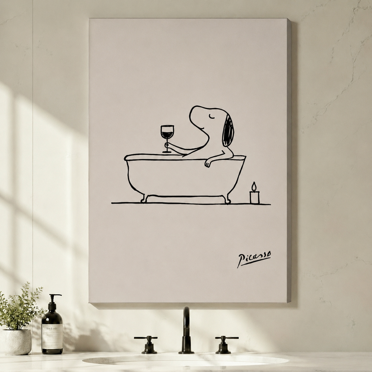 Unframed Snoopy in bathtub canvas print above bathroom vanity - minimalist line drawing dog wall art for modern bathroom decor