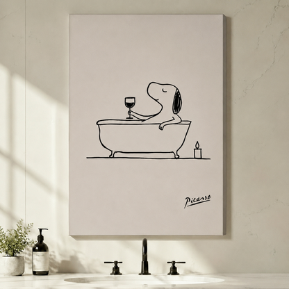 Unframed Snoopy in bathtub canvas print above bathroom vanity - minimalist line drawing dog wall art for modern bathroom decor