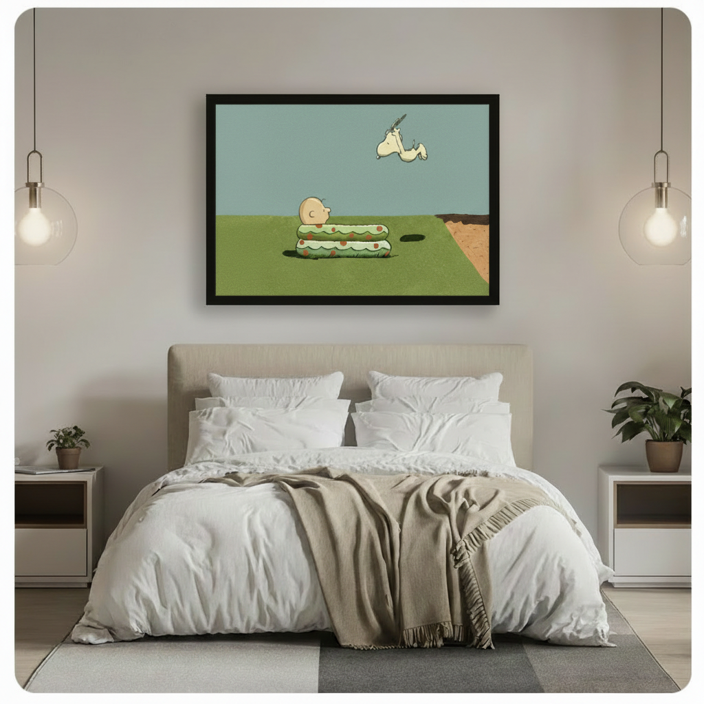 Framed retro cartoon illustration Snoopy jumping in air while Charlie Brown is stuck in a grass hole on open field canvas print above white bed in minimalist bedroom with pendant lights - humorous Peanuts inspired pop art wall art with muted teal sky for contemporary bedroom decor