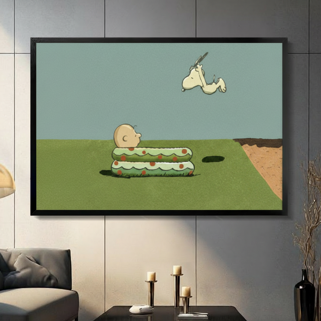 Framed retro cartoon illustration Snoopy leaping in air above Charlie Brown stuck in a grass hole on open field canvas print on dark grey tile wall in modern living room - humorous Peanuts inspired pop art wall art with soft teal sky for contemporary home decor