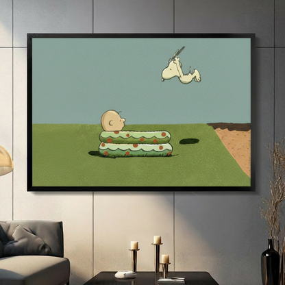Framed retro cartoon illustration Snoopy leaping in air above Charlie Brown stuck in a grass hole on open field canvas print on dark grey tile wall in modern living room - humorous Peanuts inspired pop art wall art with soft teal sky for contemporary home decor