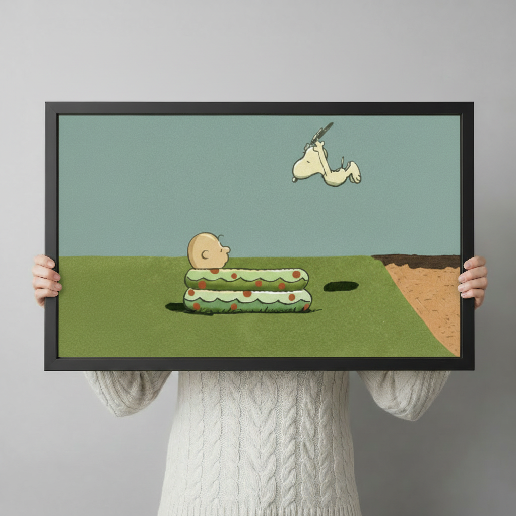 Person holding large framed retro cartoon illustration Snoopy leaping in air above Charlie Brown stuck in a grass hole on open field canvas print with both hands - close up view of humorous Peanuts inspired pop art wall art with soft teal sky and black frame finish