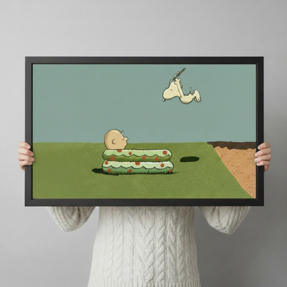 Person holding large framed retro cartoon illustration Snoopy leaping in air above Charlie Brown stuck in a grass hole on open field canvas print with both hands - close up view of humorous Peanuts inspired pop art wall art with soft teal sky and black frame finish